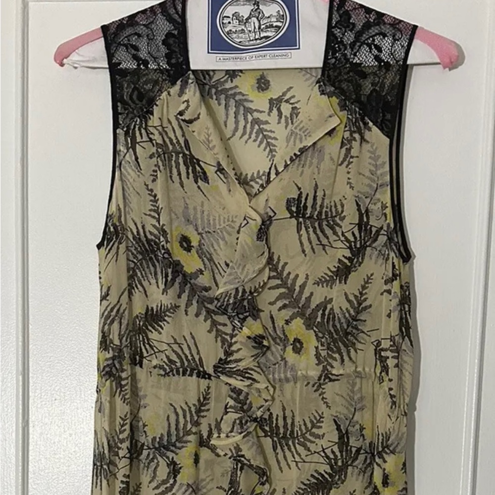 Anthropologie Lil Tassel Fronds Silk Dress US 6 Yellow Black Sheer Belted - Picture 2 of 8